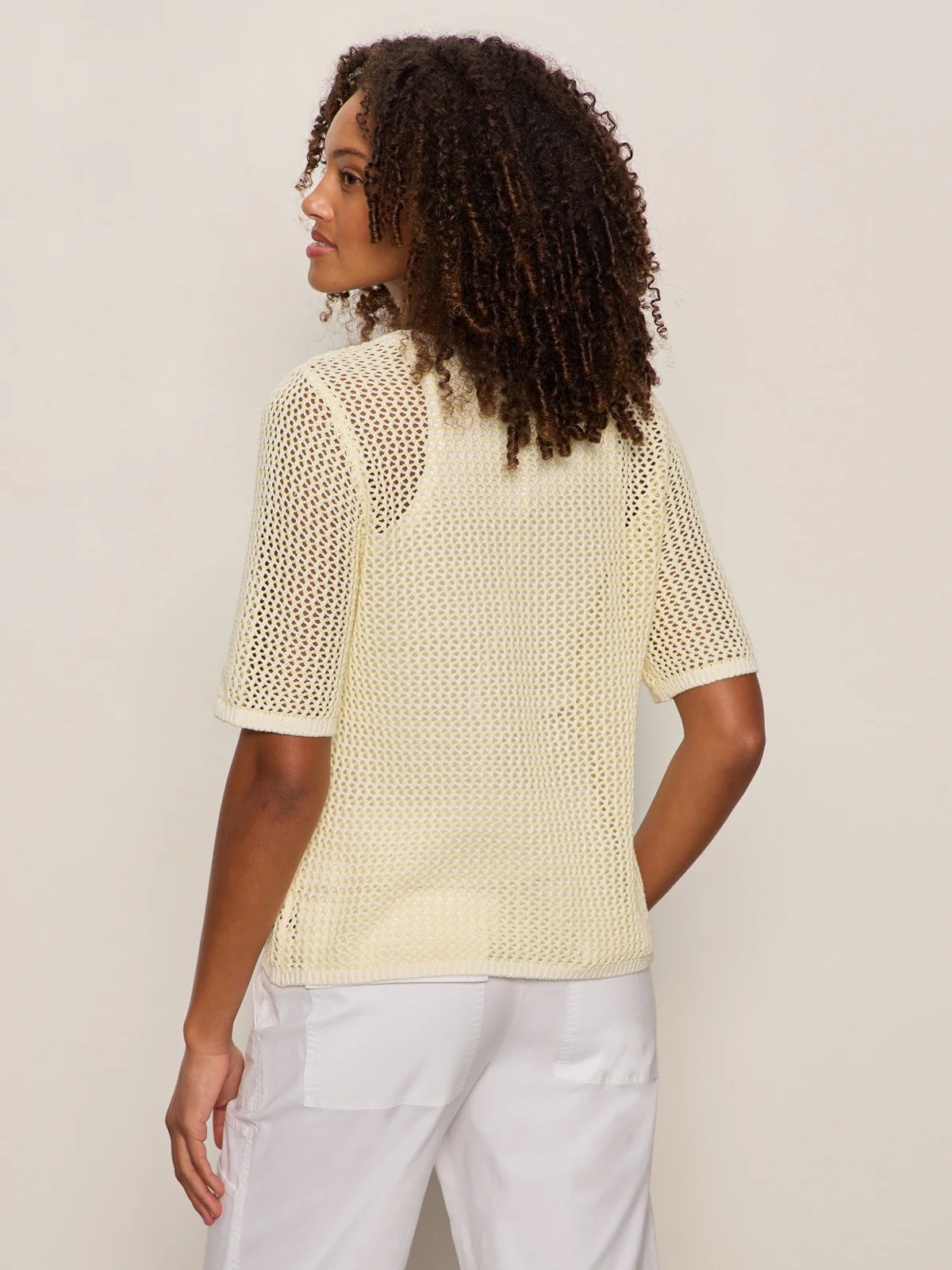 Open Knit Sweater Tee Lemon Drop/Chalk Stripe - Image 2
