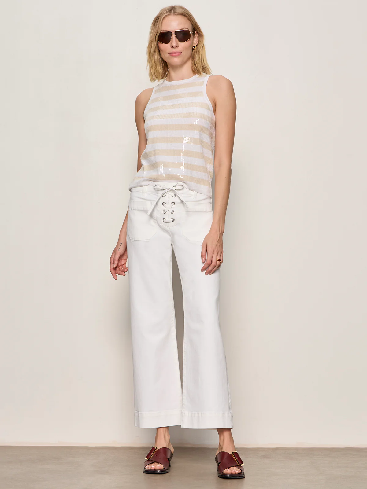 Summer Shine Sequin Shell Sweater Summer Sand / White Stripe - Image 5